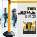 6 Pack Premium Crowd Control Stanchion Set, 40" H Delineator Post with 10' Feet Retractable Belt, Heavy-Duty Base, Safety Rope Barriers for Traffic Queue (Water Filled Base, Yellow)