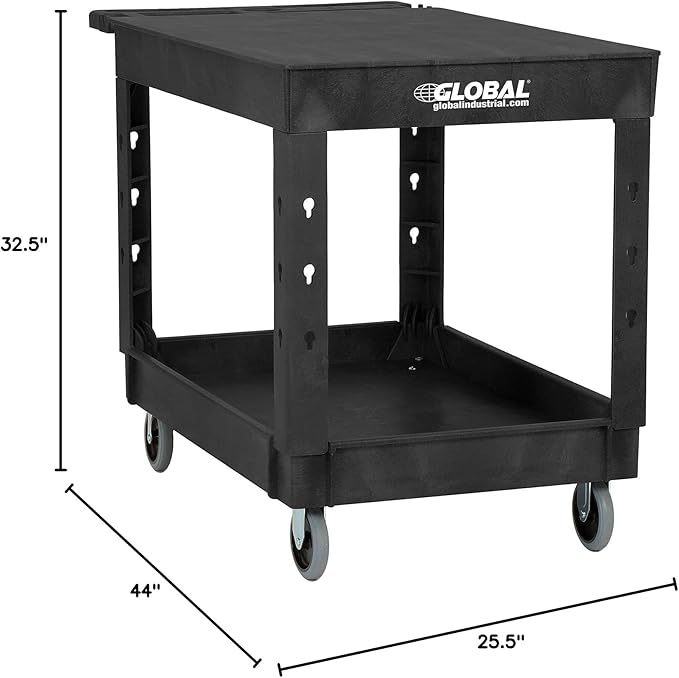Global Industrial Industrial Service & Utility Cart, Plastic 2 Flat Black Shelf, 44” x 25-1/2”, 5" Rubber Casters