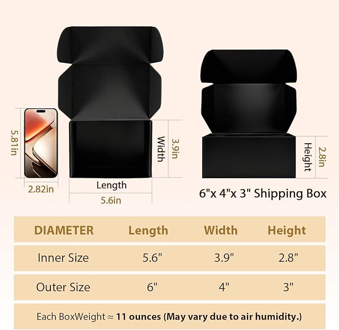 6x4x3 inches Shipping Boxes Set of 25, Small Corrugated Cardboard Box, Literature Mailer, Gift Boxes (Black, 6x4x3)