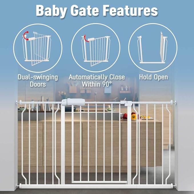 ALLAIBB Extra Wide Pressure Mount Baby Gate Auto Close White Metal Child Dog Pet Safety Gates with Walk Through for Stairs,Doorways,Kitchen and Living Room (71.65-85.03"/182-218cm)