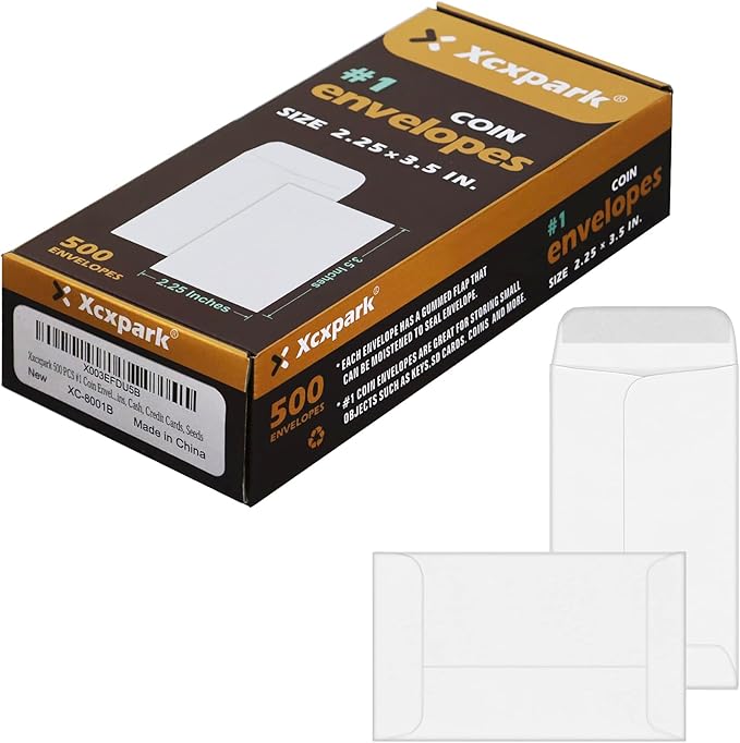 500 PCS #1 Coin Envelopes, 2-1/4'' x 3-1/2'' inches White Kraft Envelopes Classic Small Parts Envelopes with Self Adhesive Gummed Flap for Coins, Cash, Credit Cards, Seeds