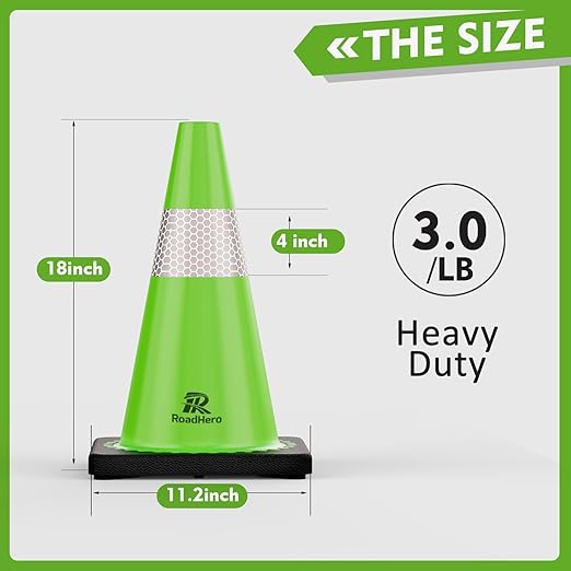 RoadHero 4 Pack Traffic Safety Cones 18 Inch with Black Weighted Base, Plastic PVC Lime Green Traffic Cone with Reflective Collar for Parking Lot, Construction Events, Road Safety
