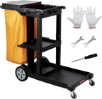 VEVOR Cleaning Cart, 3-Shelf Commercial Janitorial Cart, 200 lbs Capacity Plastic Housekeeping Cart, with 25 Gallon PVC Bag and Cover, 47 x 20 x 38.6in, Yellow&Black
