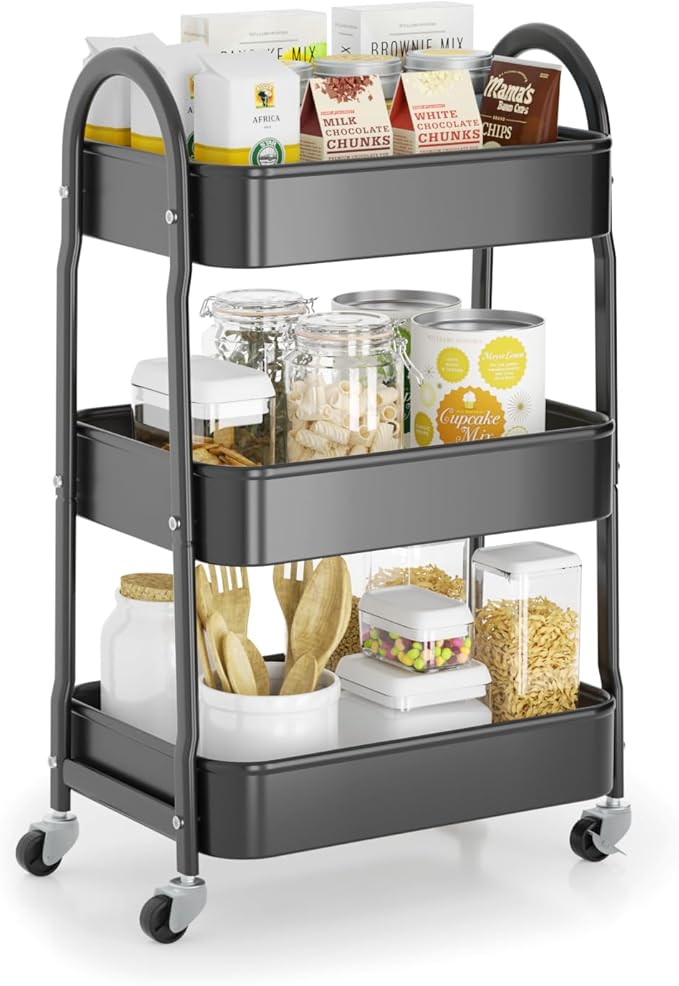 EAGMAK 3 Tier Rolling Cart Under Desk, Metal Storage Cart with Handle and Lockable Wheels, Multifunctional Storage Organizer Trolley with Mesh Baskets for Kitchen, Living Room, Office, Garage (Black)