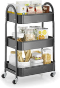 EAGMAK 3 Tier Rolling Cart Under Desk, Metal Storage Cart with Handle and Lockable Wheels, Multifunctional Storage Organizer Trolley with Mesh Baskets for Kitchen, Living Room, Office, Garage (Black)