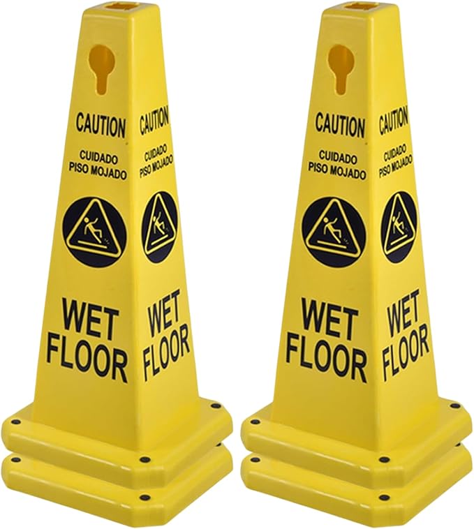 26.5" Caution Cones, 4-Sided Visible Safety Signs with Heavy Rubber Base, Warning for Slip & Fall Prevention, Indoor/Outdoor Use (4, Wet Floor Caution-Yellow, 26.5 inch)