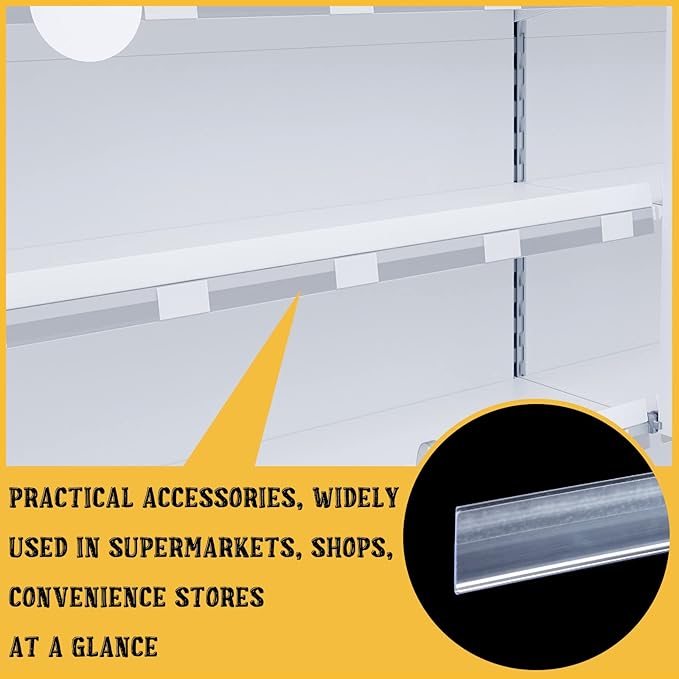 Fainne 50 Pcs 1.25 Inch Shelf Label Strip Holders Plastic Wire Shelf Price Tag Holder Self Adhesive Clear PVC Front and Back Labels Strip for Gondola Price Tag Wood Metal Rack, 48 Inches Long