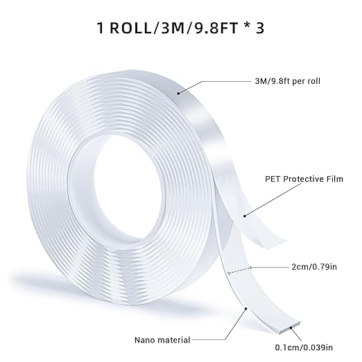 3 Rolls Double Sided Tape Heavy Duty, Nano Tape, Transparent Adhesive Tape, Traceless Adhesive Tape,Clear Mounting Tape,Removable, Washable, Suitable for Carpets, Photo Walls, 9.85FT Per Roll