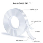3 Rolls Double Sided Tape Heavy Duty, Nano Tape, Transparent Adhesive Tape, Traceless Adhesive Tape,Clear Mounting Tape,Removable, Washable, Suitable for Carpets, Photo Walls, 9.85FT Per Roll