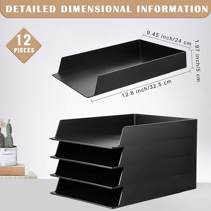 Wenqik 12 Pcs Stackable Paper Trays Rectangular Plastic Desk Holder Desktop Document File Organizer Storage Letter for Office Classroom (Black)