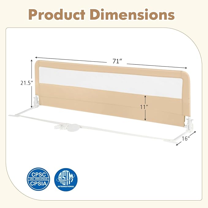 BABY JOY Bed Rails for Toddlers, 71'' Extra Long, Upgraded Swing Down Bed Guard w/Safety Strap, Folding Baby Bedrail for Kids Twin, Double, Full Size Queen & King Mattress (71-Inch, Beige)