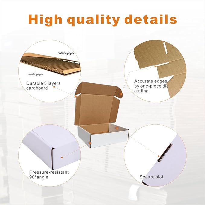 250 Pack 7x6x2'' Small Shipping Boxes, Corrugated Cardboard Mailers for Business, White (CM762-250)