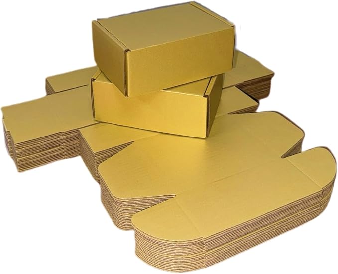 50 Pcs 4.3 x 3.1 x 2 inches Mini Size Corrugated Cardboard Gift Boxes Recyclable Shipping Boxes for Packing Jewelry Ornament Gift Craft Packaging Supplier (Gold, 4.3 x 3.1 x 2")