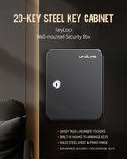 Uniclife 20 Position Key Cabinet with Key Lock Wall Mounted Black Security Storage Box Steel Key Organizer with Colorful Key Tag Labels Stickers and Hooks