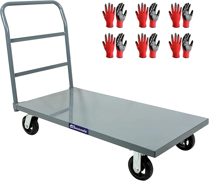 5Seconds Industrial Platform Truck - Heavy Duty 48' X 24' Flatbed Cart with 2000lb Capacity, 6" Swivel Wheels with 6 Pairs Work Gloves
