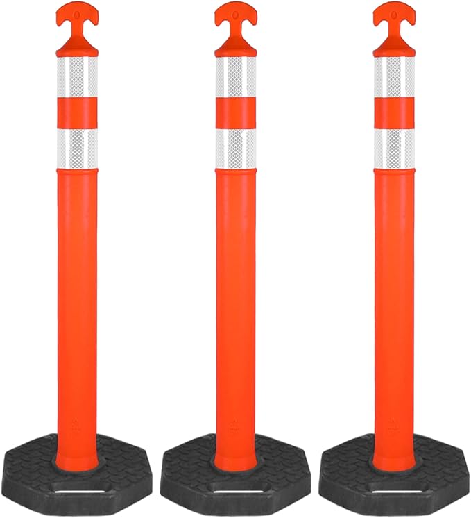 42" Traffic Delineator Posts,3 Pack Orange Safety Cones with Reflective Collars and Weighted Base for Road Safety, Parking Lots