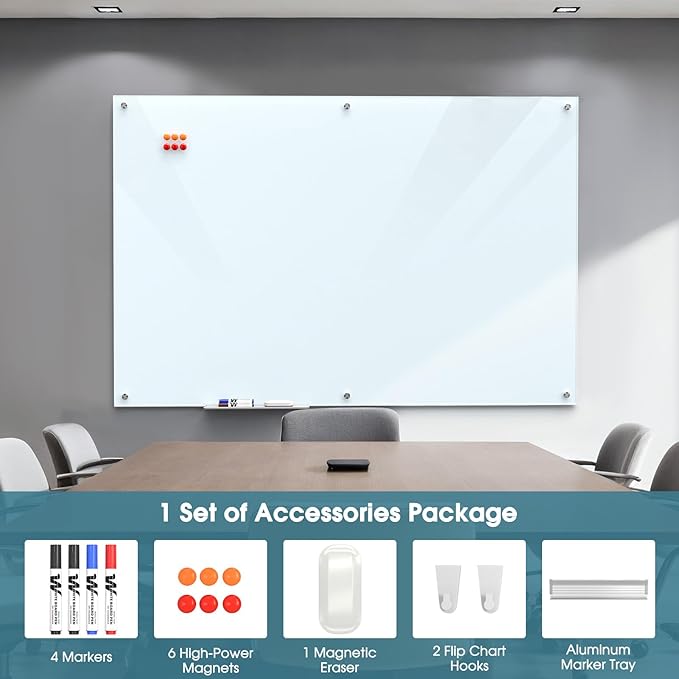MaxGear Glass Whiteboard 72" x 48"(6' x 4') Wall Mounted, Magnetic White Board with 1 Eraser, 1 Accessory Tray, 4 Markers and 6 Magnets, Extra Large Frameless Dry Erase Board for Office, School, Home