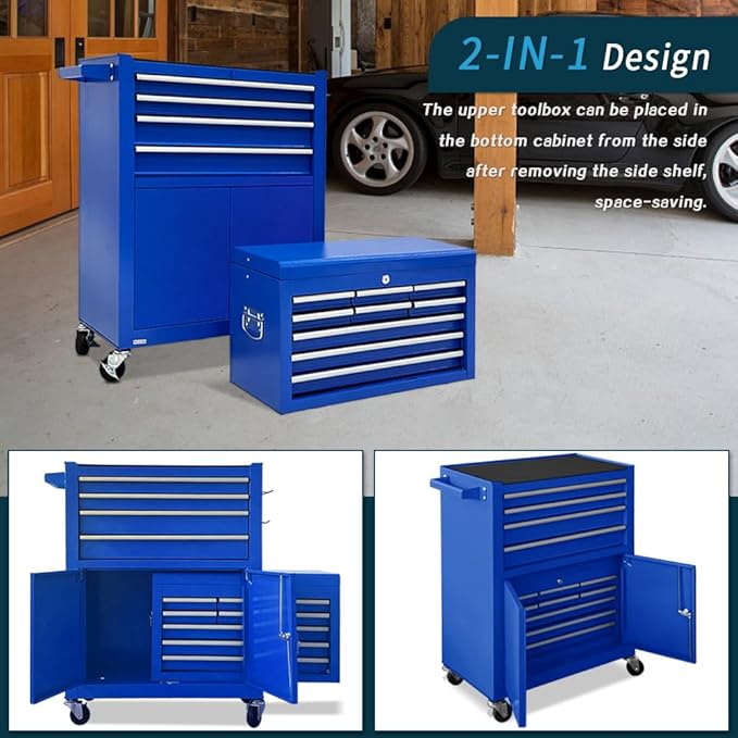 13-Drawer Rolling Tool Chest with Double Door, Extra Large Storage Cabinets with Tool Box, 2-in-1 Detachable Design, 600 lbs Capacity with Lockable Wheels for Garage, Mechanic & Home Use (Blue)