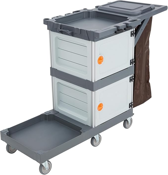 Janitorial Cart with 2 Cabinet, Commercial Cleaning Cart On Wheels with Cover, Shelves, and Oxford Bag, Housekeeping Cleaning Caddy Service Carts for School Hotel Apartment
