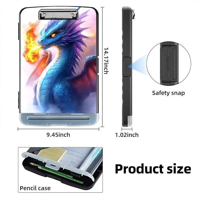 Clipboard with Storage Box & Pen Holder,Heavy Duty Clip Boards 8.5x11 for Nursing,High Capacity,School & Office Supplies,Blue Dragon Fire