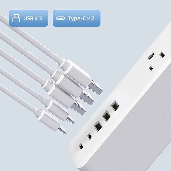 Surge Protector Power Strip, 9 Widely Spaced Outlets, 3 USB A & 2 USB C Ports, 5ft Flat Plug Long Extension Cord for Travel Home Office Entertainment, White