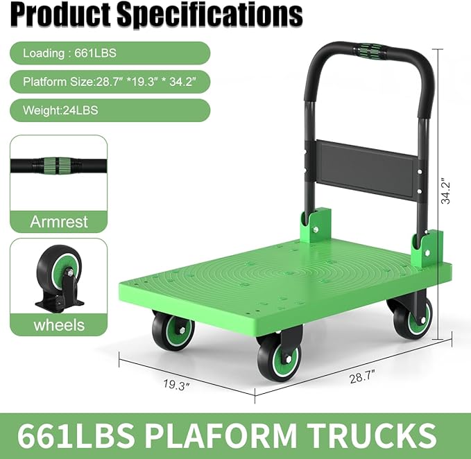 WUD Folding Push Cart Platform Trolley – Thickened Reinforced Steel, 360° Swivel Wheels, 28.7″×19.3″, Load Capacity 661 lb, Green