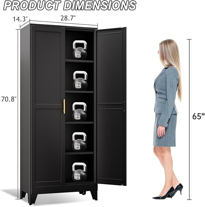 Metal Pantry Cabinet with 2 Doors and Adjustable Shelves - 71" Kitchen Storage Cabinet with Gold Handles - Versatile Storage for Kitchen, Bathroom, Dining Room, Utility Room - Black