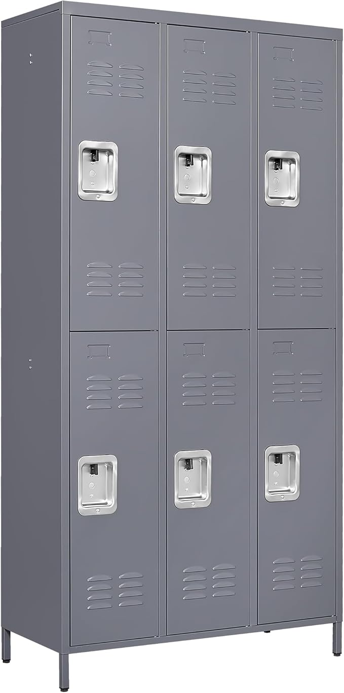 72" Tall Employees Locker with Shelves and Hooks 6 Doors Steel Sports Locker for Office Home Bedroom School Gym Garage, Metal Staff Locker Locking Storage Lockers,Grey