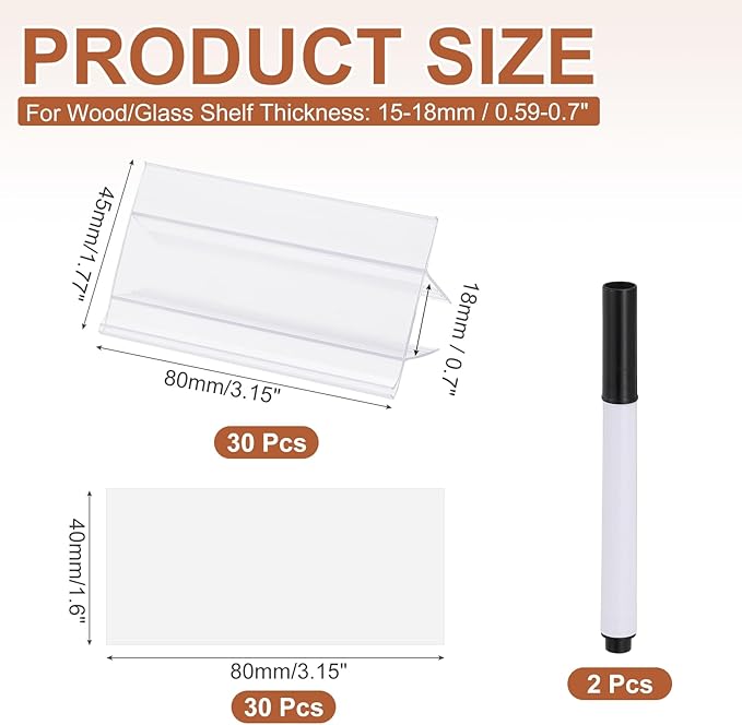 PATIKIL 3.1" x 1.8" Wire Shelf Label Holder, 30 Pack Reusable Plastic Price Tag Display Clip for 0.59" to 0.71" Thick Shelves with Paper Inserts Pens for Home Market Store, Clear