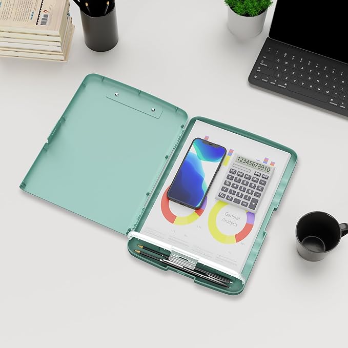 Plastic Clipboard with Storage, 8.5 x 11 Storage Organization Box Side-Opening, Heavy Duty Clip Board with Pen Holder and Paper Folder for Nurses, Teachers, Office & School Supply, Dark Green