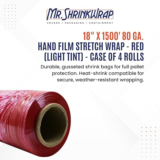 18" x 1500' 80 ga. Hand Film Stretch Wrap - Red (Light Tint) - Case of 4 Rolls