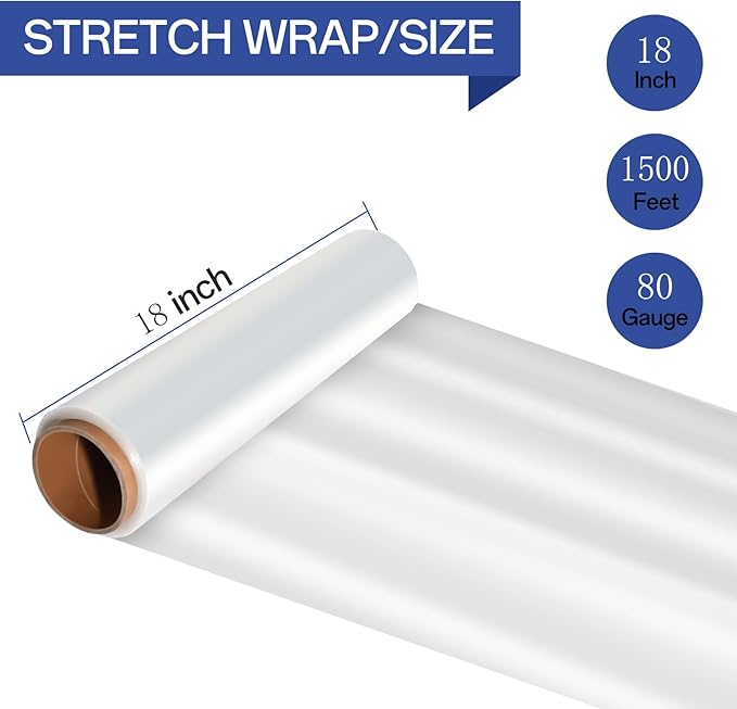 Stretch/Shrink Wrap Roll 18 Inch 1500ft,Heavy Duty 800% Stretch,Clear 80 Gauge Industrial Strength Stretch Film,Plastic Wrap for Pallet Wrap for Pallets,Packing, Shipping&Furniture Protection(4 Roll)