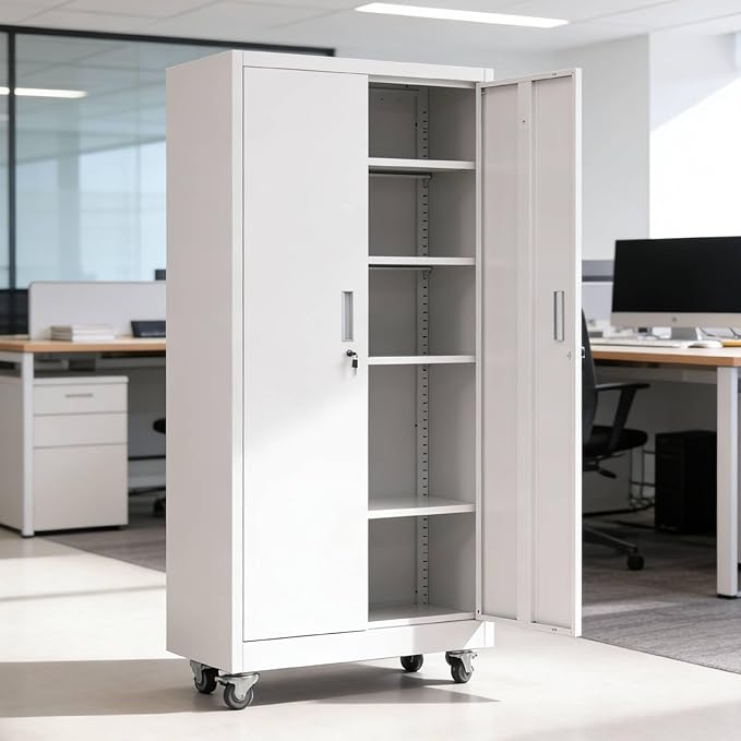 VINGLI Rolling Metal Storage Cabinet with Adjustable Shelves, 71'' Tall Garage Storage Cabinet with Wheels, Locking Tool Cabinets for Home Office Garage Gym School (White)