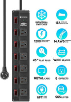 CRST 6 Outlet Metal Power Strip with Individual Switches, Mountable Surge Protector Power Strip for Garage Workshop School Home. 15A Circuit Breaker, 1875W, 1200 Joules, 6FT Extension Cord