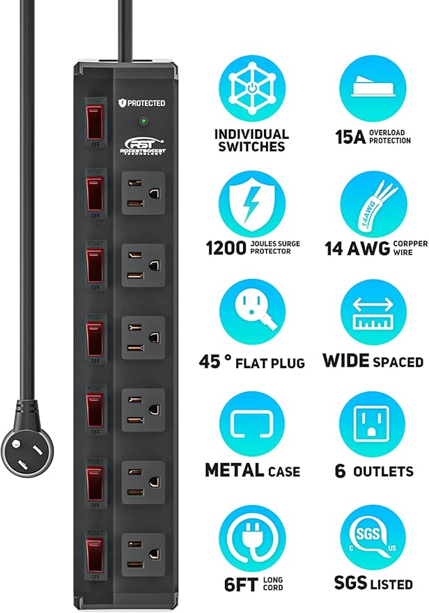 CRST 6 Outlet Metal Power Strip with Individual Switches, Mountable Surge Protector Power Strip for Garage Workshop School Home. 15A Circuit Breaker, 1875W, 1200 Joules, 6FT Extension Cord