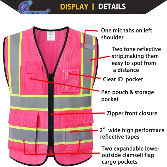 Safety Vest for Men Women,Mesh High Visibility Construction Work Vest with Reflective Strips,Meets ANSI/ISEA Standards(EK175-Mesh-Hot Pink-3XL)