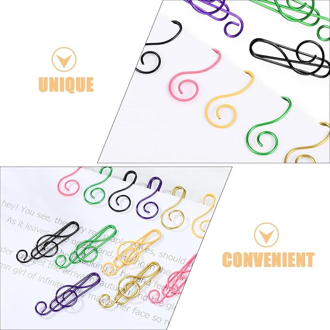 100pcs Metal Paper Clips Creative Music Note Shape Small Office Clips Colorful Document Fasteners Iron Material for School Home Stationery Organization