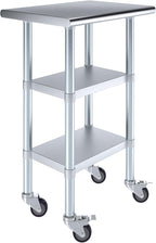 AmGood Stainless Steel Work Table with 2 Shelves and Casters | Metal Utility Table On Wheels (Stainless Steel Work Table with 2 Shelves + Casters, 24" Long x 18" Deep)