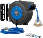 50 FT Retractable Extension Cord Reel, Heavy Duty 12AWG/3C SJTOW Power Cord, Lighted Triple Tap, 15A Circuit Breaker, Wall/Ceiling Mount Electric Cord Reel for Garage & Workshop, ETL Listed, Blue