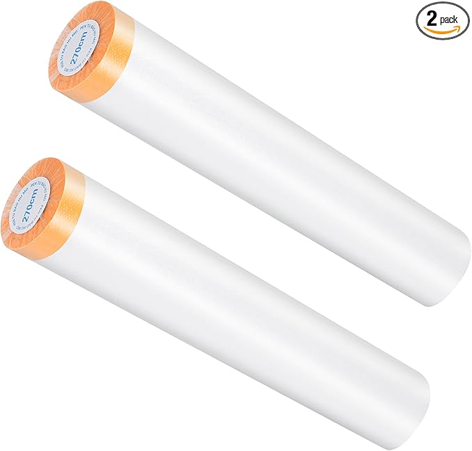 Muf 9 x 65 Feet Plastic Drop Cloth Protective Masking Film, Waterproof Plastic Sheeting with Masking Tape, Prevent Dust Paint for Car, Furniture, Carpet, Floor, 2 Pack