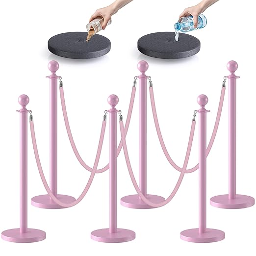 kaiyomi 6Pcs Stanchions with Pink Velvet Ropes Set, 5 Feet Velvet Ropes and Posts Poles for Red Carpet Party Decoration and 360° Photo Booth (Pink)