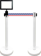 Retractable Stanchion, 6 SPECIALTY Posts + Signframe, 36" Ht, 78" Special Event & Holiday Theme Belt + Bonus Replacement Cassettes + Wall Receiver (WHT Post/July 4th Flag Belt)