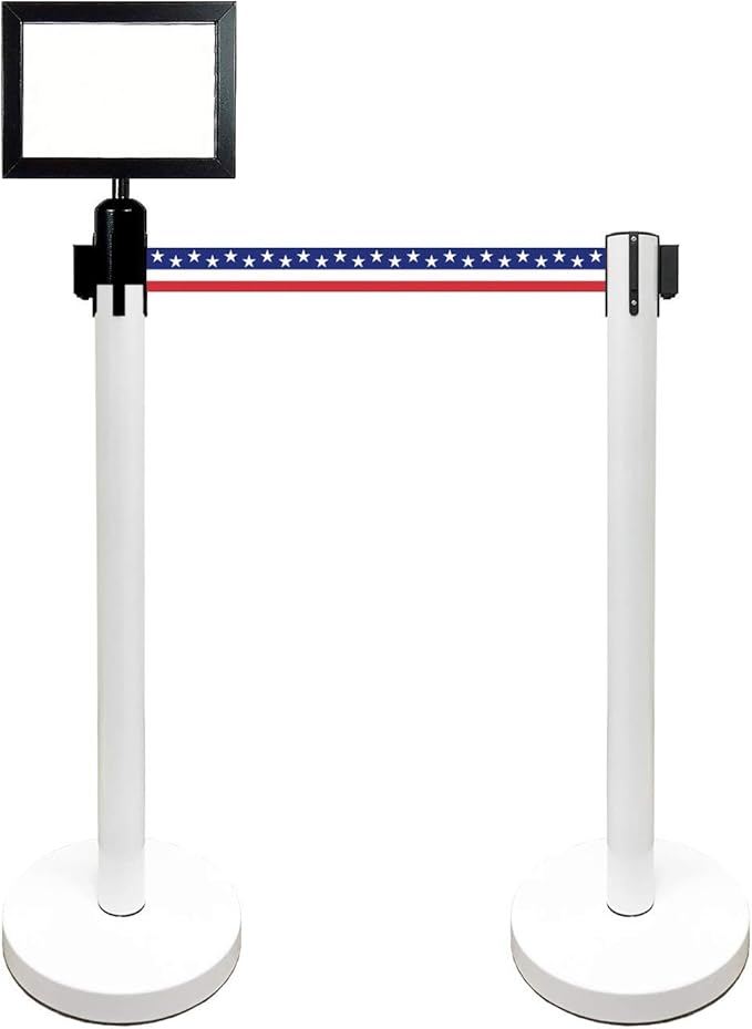 Retractable Stanchion, 6 SPECIALTY Posts + Signframe, 36" Ht, 78" Special Event & Holiday Theme Belt + Bonus Replacement Cassettes + Wall Receiver (WHT Post/July 4th Flag Belt)