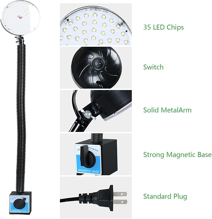 LED Magnetic Work Light with Flexible Gooseneck, 20W 2000 Lumens 6500K 110V US Plug, Machine Lathe Light with On/Off Magnetic Base for Work Bench, Sewing Machine, Lathe Workbenches
