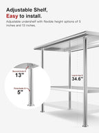 All-Stainless Steel Prep Table, 30 X 48 Inch, with Rounded-Corner Backsplash and Adjustable Undershelf, Heavy-Duty for Outdoor Use,Restaurants,Hotels,Workshops,Kitchens,Gardens, and Garages