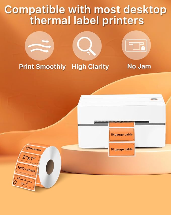 iEager 2x1 Inch Thermal Labels, Orange Rectangle Thermal Printer Stickers, Durable Shipping Label Printer Sticker for Barcode, Name, Address, 1000 Labels/Roll