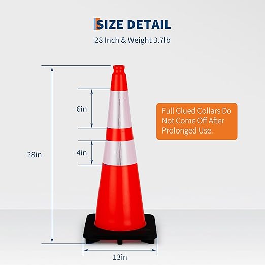 Traffic Cones 28", PeakPursuit 10 PCS Safety Cones, PVC Orange Safety Road Parking Cones with 2 Reflective Collars,Hazard Construction Cones for Home Traffic Parking