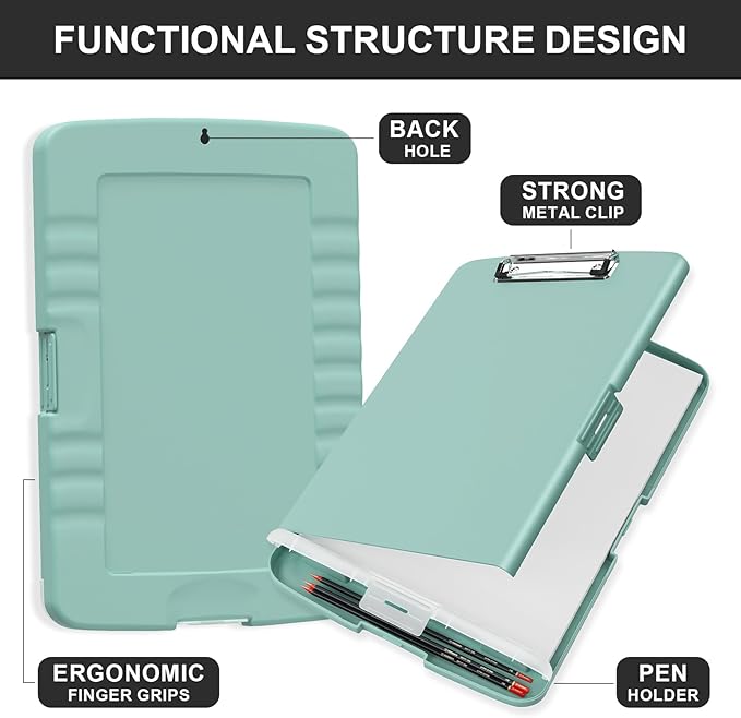 Plastic Clipboard with Storage, 8.5 x 11 Storage Organization Box Side-Opening, Heavy Duty Clip Board with Pen Holder and Paper Folder for Nurses, Teachers, Office & School Supply, Dark Green