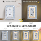 USB Wall Charger, Surge Protector, POWRUI 6-Outlet Extender with 3 USB Charging Ports (1 USB C) and Night Light, 3-Sided Power Strip with Adapter Spaced Outlets - White，ETL Listed, Gray