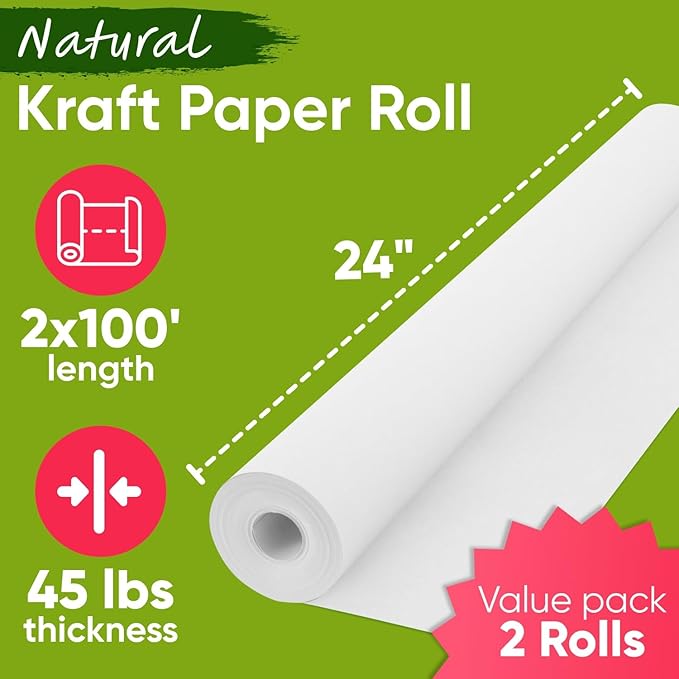 24" x 1200" (100 ft) White Kraft Paper Roll (Value Pack of 2), 45 lbs Thickness, Made in USA Colored Kraft Paper for School, Bulletin Board - Odorless, Non-Toxic, Safe for Kids